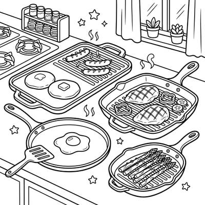 Dive into a world of culinary creativity with this delightful grill pans and griddles coloring page, perfect for young chefs. Featuring various stovetop scenes from breakfast pancakes to grilled dinners, it's an engaging way for kids to explore kitchen fun.