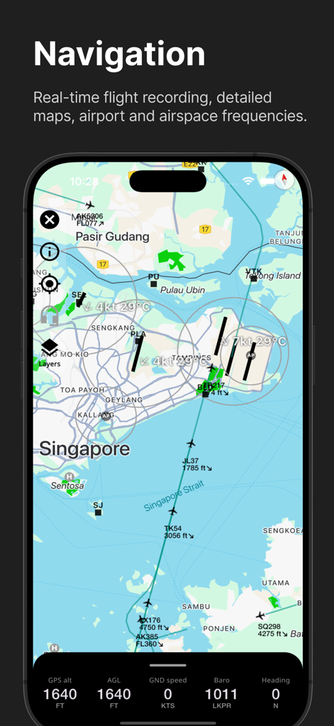 Aviation navigation map showing flight paths and airspace data on a mobile device