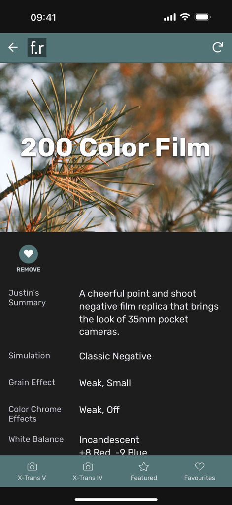 Film Recipes App for Fujifilm - Detailed view of the 200 Color Film recipe within the Film Recipes App for Fujifilm cameras