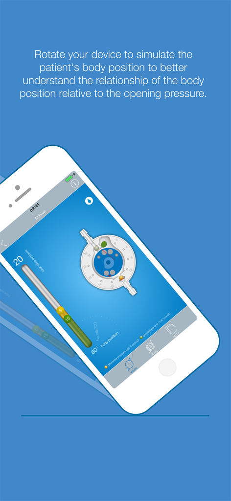 MIETHKE - MIETHKE app interface demonstrating gravitational valve opening pressure simulation based on patient body position.