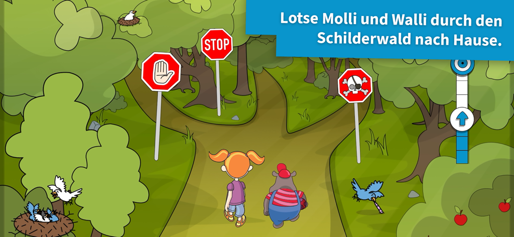 Molli und Walli | UKH - Molli y Walli navegando un camino con diferentes señales de tráfico en un bosque.