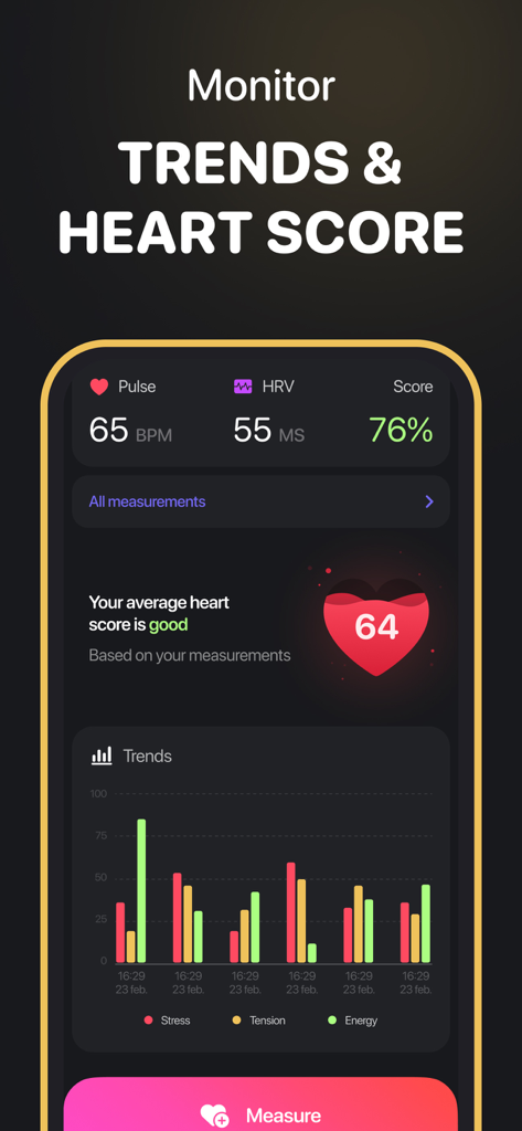 Check Pulse - Stress Monitor - Check Pulse app screen displaying heart rate trends HRV and stress levels