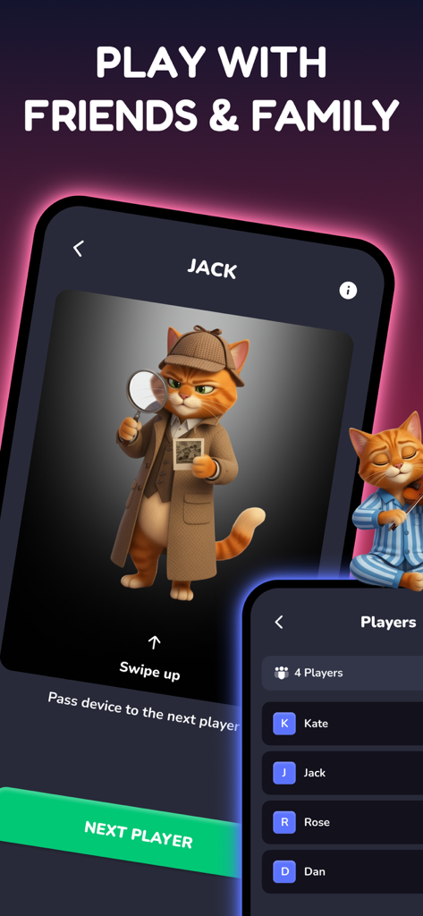 Schermata mobile che mostra l'interfaccia del gioco Imposter con un personaggio gatto detective e un elenco di giocatori per una sessione di gruppo.