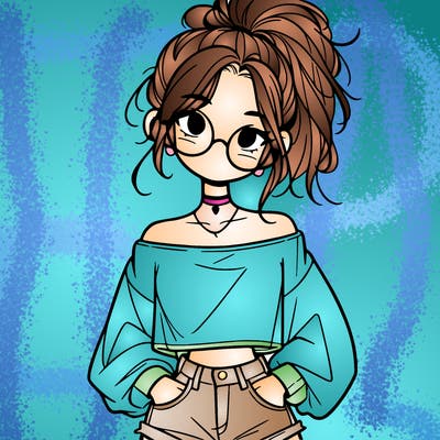 girl with a messy ponytail glasses a baggy crop top and jean shorts