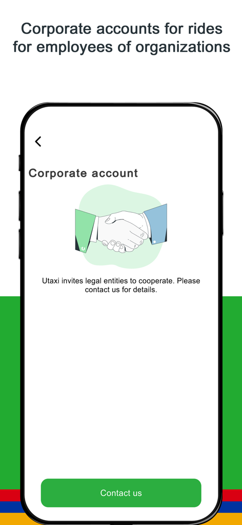 UVO - Taxi and Delivery - Captura de pantalla de la página de cuenta corporativa de la aplicación UVO para viajes de negocios que muestra una ilustración de un apretón de manos y un botón de contacto.