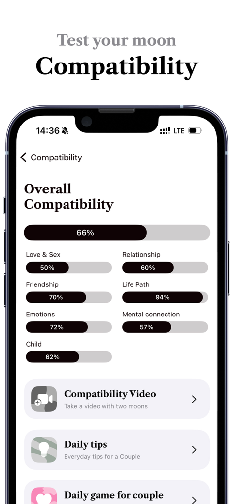 Luna: Your Moon Calendar - Luna-App-Bildschirm, der astrologische Kompatibilitätswerte für Liebe, Freundschaft und Lebensweg anzeigt