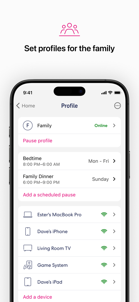 T-Mobile Fiber eero app screenshot showing family profile settings with scheduled internet pauses for bedtime and family dinner across multiple devices.