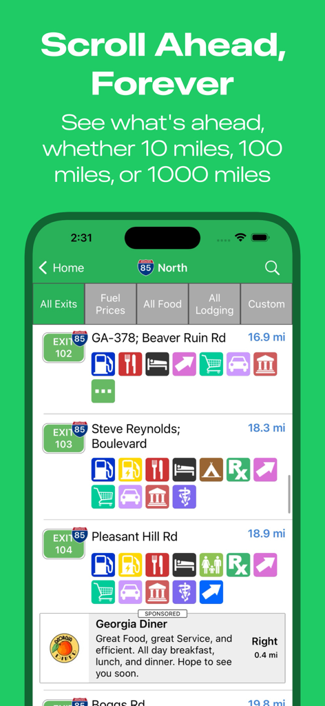 iExit Interstate Exit Guide - iExit app interface showing upcoming highway exits and amenities