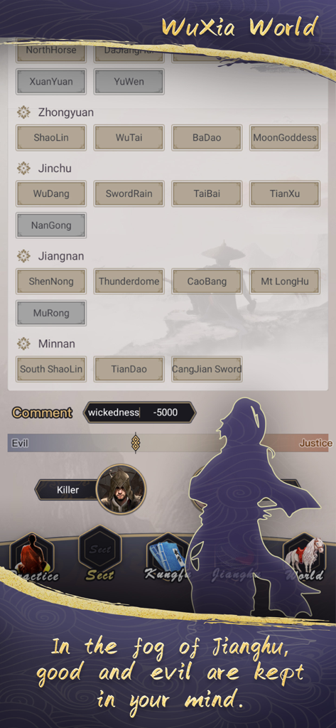 WuXia World - WuXia World mobile game interface showing martial arts sect selections and a character alignment slider between Evil and Justice.