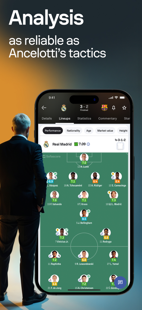 Sofascore app displaying a tactical soccer lineup with player ratings on a smartphone screen next to a sports manager