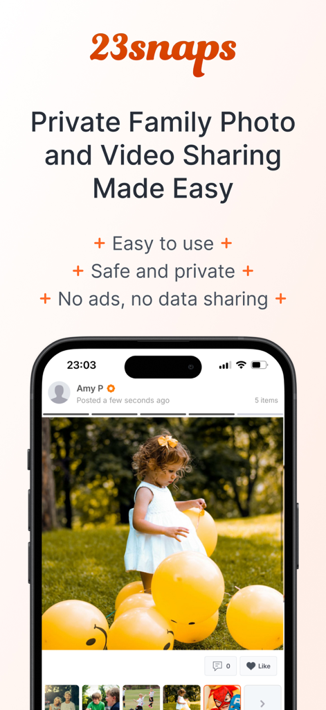 23snaps: Private Family Album - 23snaps mobile app interface for private family photo and video sharing