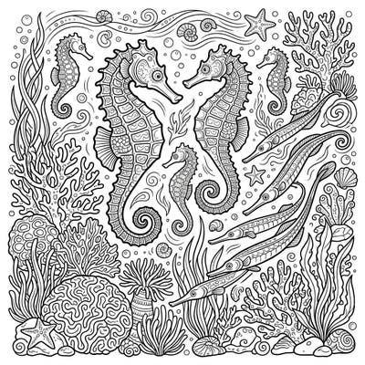 Explore the mesmerizing world beneath the waves with this intricate coloring page featuring graceful seahorses and sleek pipefish. Designed for teens, it offers a beautifully detailed underwater scene filled with marine flora and fauna waiting for your creative touch.