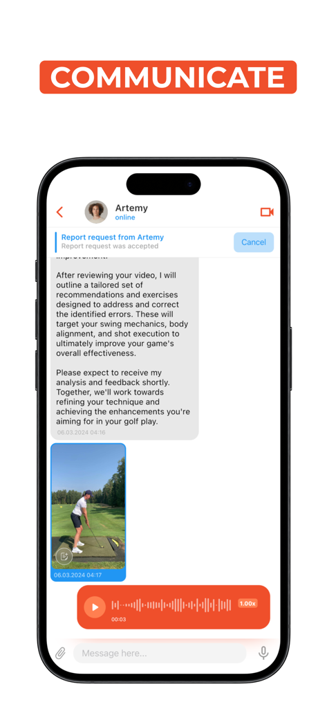 UpT: Your Golf Coach & AI - Interfaz de chat de la aplicación UpT Golf que muestra una conversación con un entrenador profesional que incluye un video de swing y un mensaje de audio