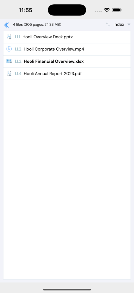 ShareVault mobile app interface showing a list of secure corporate files including financial spreadsheets and annual reports