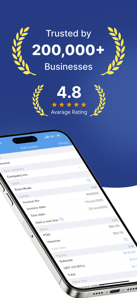 Marketing screen for Invoice Maker PRO showing a 4.8 average rating and a smartphone interface for creating invoices.