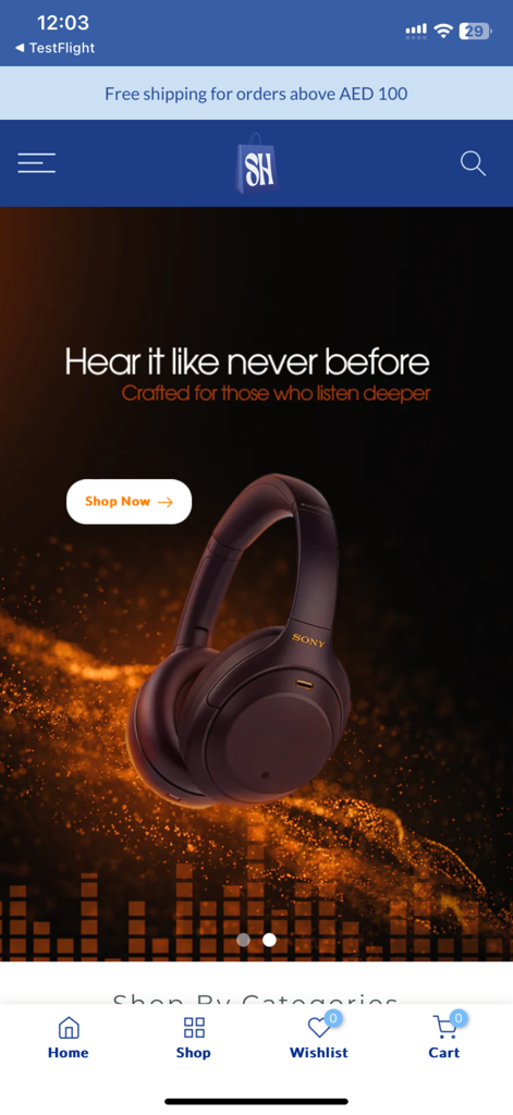 SH Shopping - SH Shopping app home screen showcasing a premium Sony headphones advertisement banner