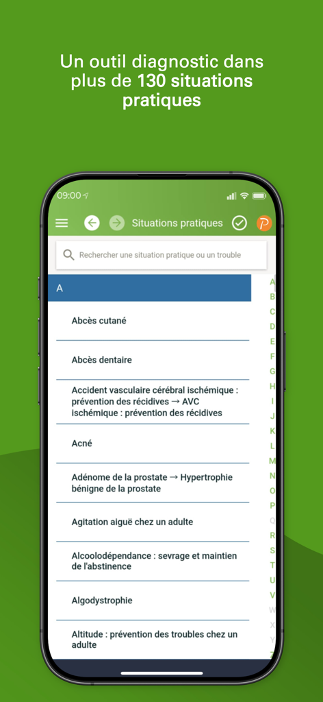 Guide Prescrire - Interface of the Guide Prescrire app showing a list of medical clinical situations.