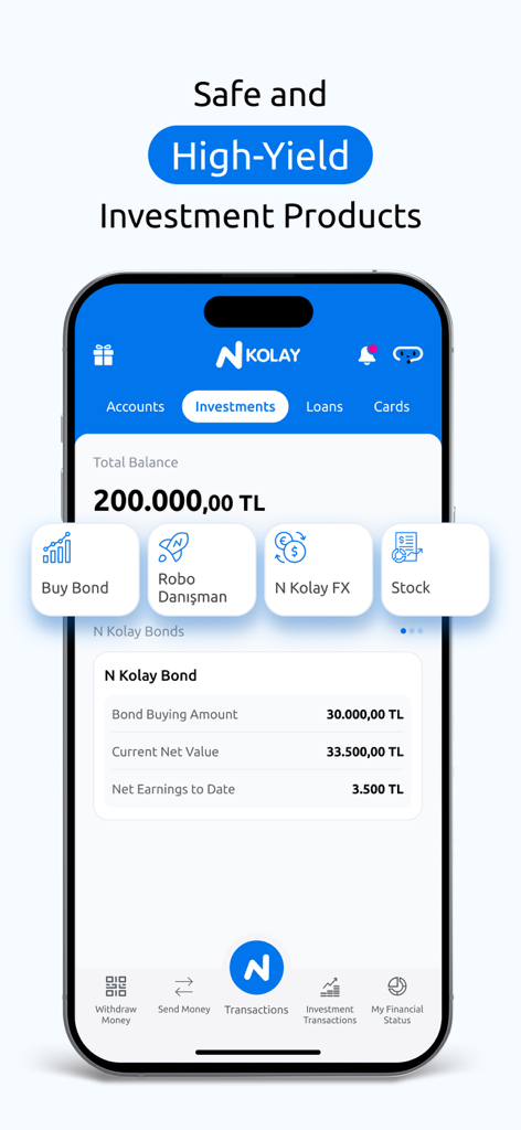 터키 리라로 총 잔액과 고수익 채권 수익 세부 정보를 보여주는 N Kolay 앱 투자 인터페이스