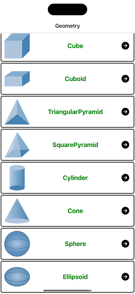 Geometry-Solver Pro - A list of 3D geometric shapes including cube cuboid triangular pyramid square pyramid cylinder cone sphere and ellipsoid in the Geometry Solver Pro app interface