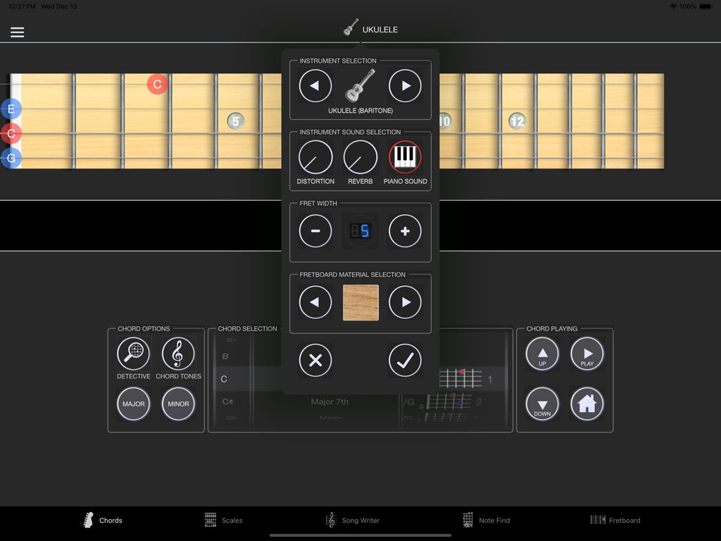 StringMaster Uke - Interface of StringMaster Uke app displaying instrument selection and fretboard customization settings.
