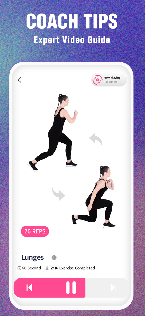 Weight Loss, Workout for Women - Interfaz de aplicación móvil que muestra a una mujer realizando zancadas con guía de video experta y consejos del entrenador