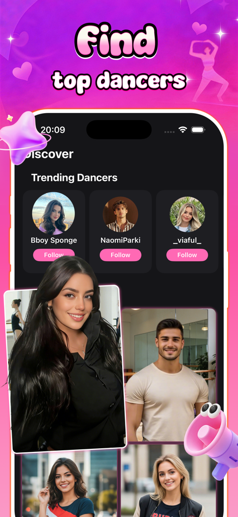 Wavy - video - A screen from the Wavy app showing a list of trending dancers to follow under the Discover tab.
