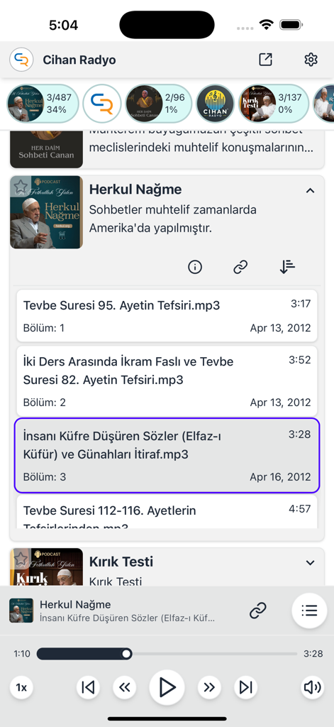 Cihan Radyo - Interface of the Cihan Radyo app displaying a list of religious and cultural audio tracks in Turkish with an integrated player