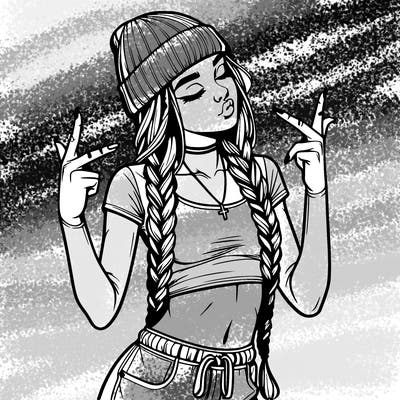 realistic teenage girl with braids and a beanie and crop top doing 🫶🏼