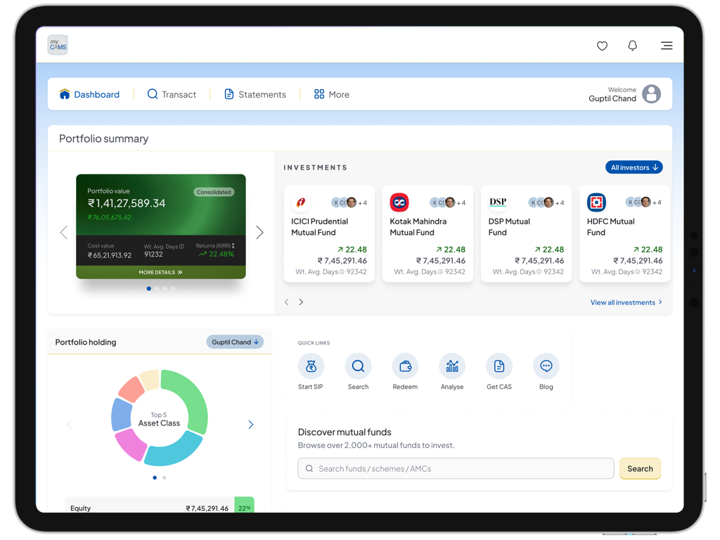 myCAMS MutualFund App for iPad - myCAMS app dashboard for iPad displaying Indian mutual fund investments and portfolio summary