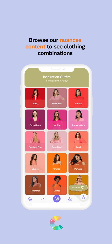 A grid of fashion models showcasing different clothing color nuances and outfit combinations in the ColorApp inspiration tab.