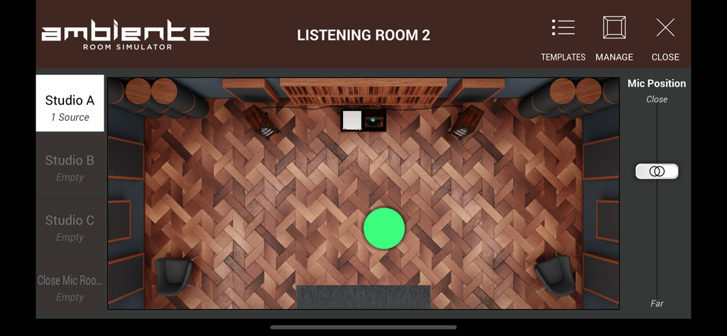 Ambiente Room Simulator interface in SWAM Viola Section showing a virtual studio layout and microphone position controls