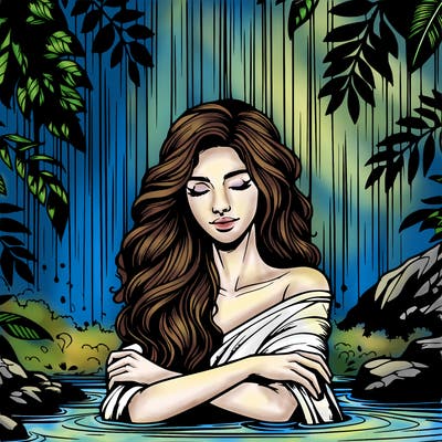 realistic female model under waterfall