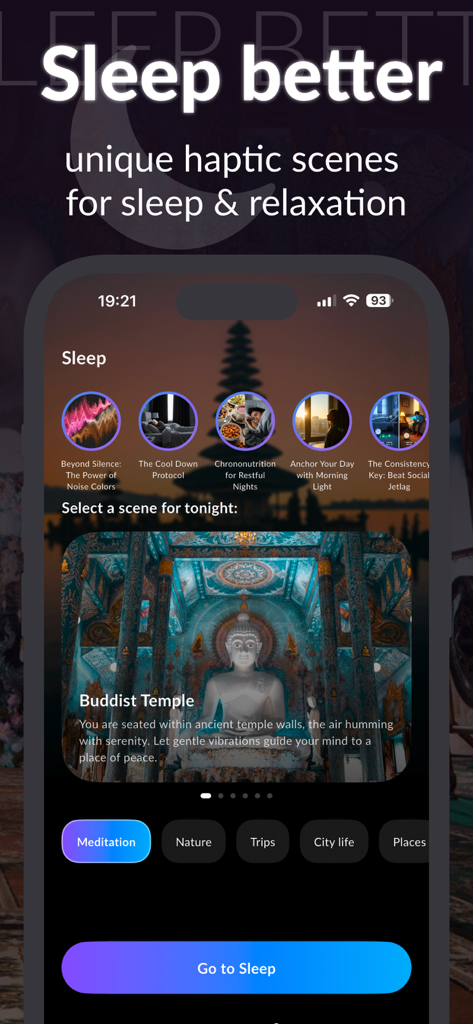 Vibrator Zen Strong Vibration - Interfaz de la aplicación Vibrador Zen mostrando escenas hápticas únicas para el sueño y la relajación