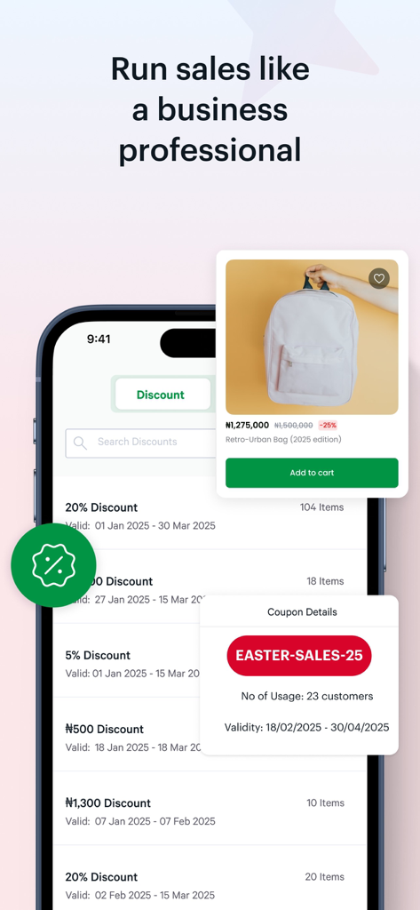 Bumpa - Manage Orders Easily - Mobile Benutzeroberfläche der Bumpa-App, die eine Liste von Geschäftsrabatten und ein Gutscheincode-Pop-up für Social-Commerce-Verkäufer anzeigt