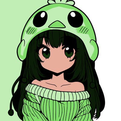 anime girl with chick shaped hat with sweater with bare shoulders with bangs covering them one eye with low tail