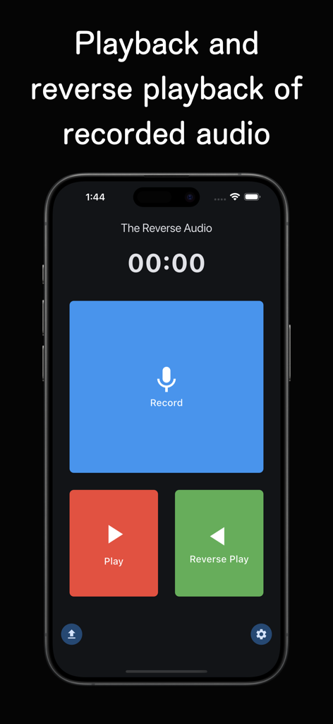 The main screen of The Reverse Audio app featuring record, play, and reverse play buttons on a dark background.