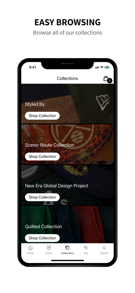 Shop New Era - Interface de l'application Shop New Era affichant diverses collections de casquettes pour faciliter la navigation.