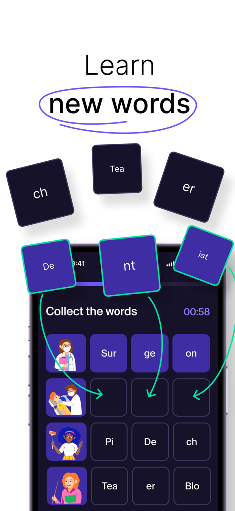 LANG: Learn New Languages - Un jeu interactif de correspondance de mots dans l'application LANG avec des syllabes colorées et des avatars de personnages.