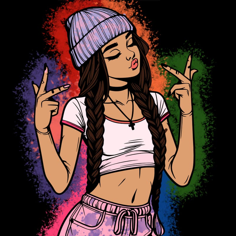 realistic teenage girl with braids and a beanie and crop top doing 🫶🏼