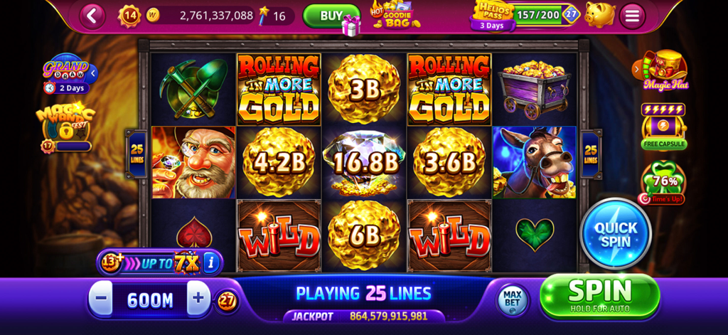 A mining themed slot machine gameplay screenshot from DoubleU Casino featuring gold nuggets and a miner character.