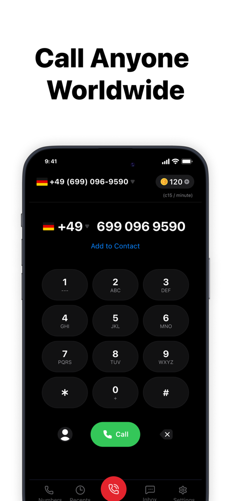 Text Shield: Disposable Number - Interface of the Text Shield app displaying a keypad for international calls with the heading Call Anyone Worldwide