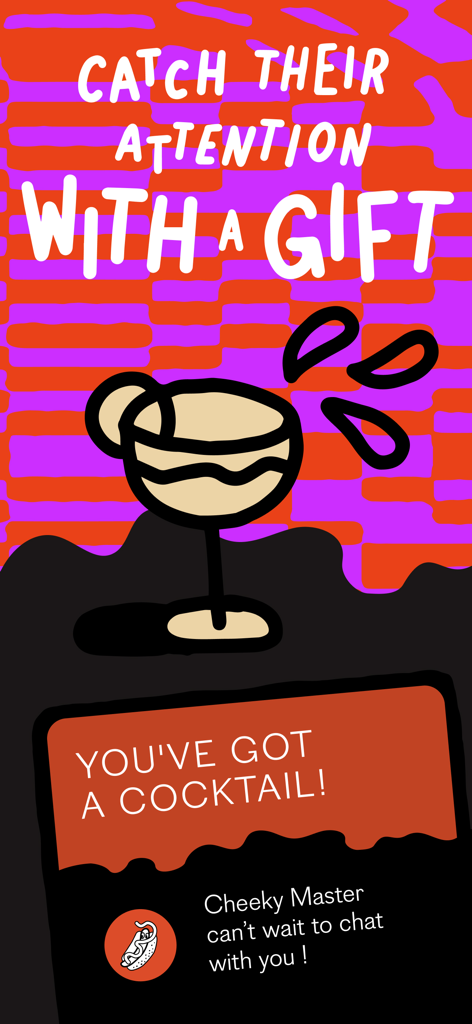 Screenshot dell'app di incontri PURE che mostra un cocktail virtuale in regalo per iniziare una conversazione