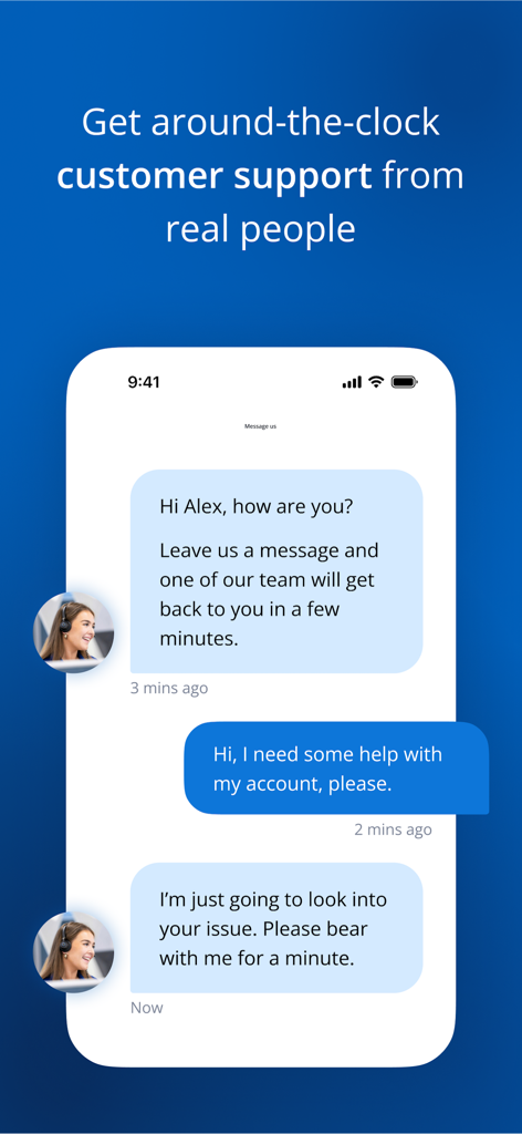 Chase UK - Chase UK app chat interface showing 24/7 customer support from real people