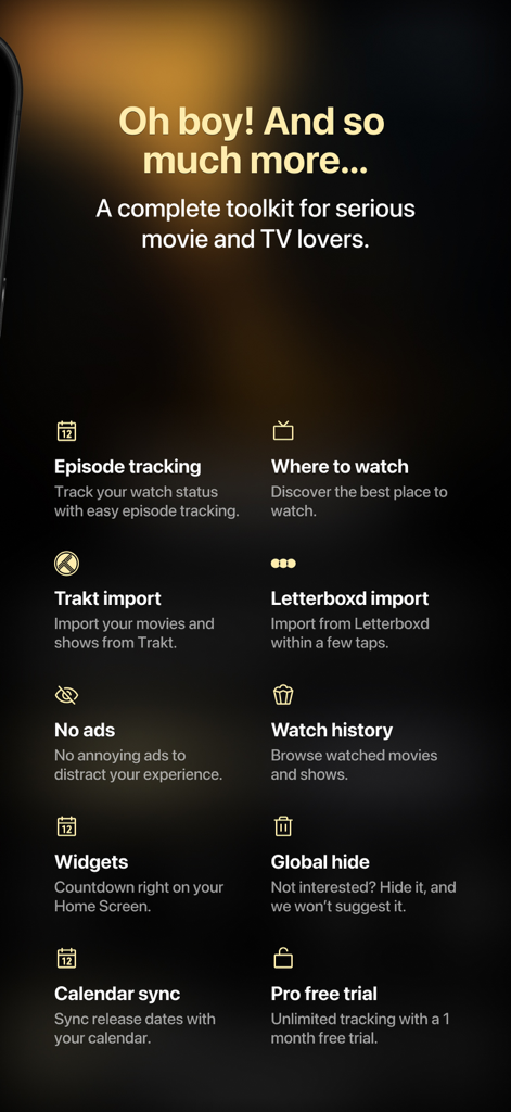 Showcase: Track Movies & Shows - Una lista de características de la aplicación Showcase que incluyen seguimiento de episodios, disponibilidad de streaming e importación de datos desde Trakt y Letterboxd.