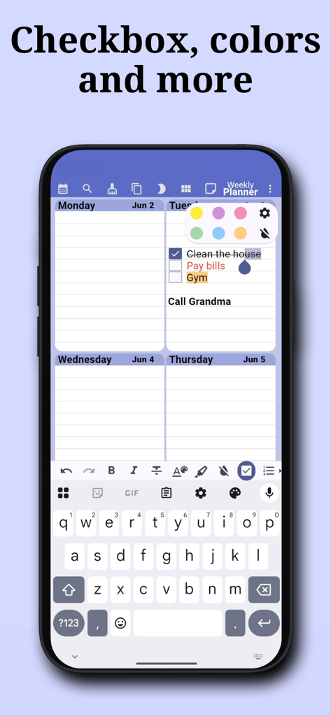 Weekly Planner: To-Do & Tasks - Interfaz de la aplicación Weekly Planner que muestra una lista de tareas con casillas de verificación y una paleta de selección de colores para personalizar.