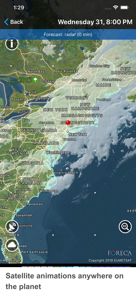 Animations cartographiques satellite et radar de Weather XL PRO montrant le nord-est des États-Unis