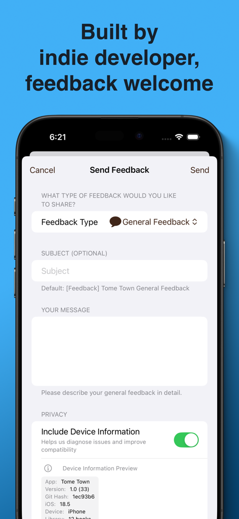 Tome Town: PDF & EPUB Reader - Tome Town app feedback screen for sending messages to the developer
