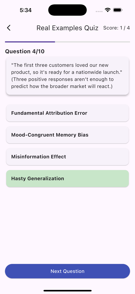 A screenshot of the Cognitive Clarity app showing a multiple-choice quiz question identifying the Hasty Generalization logical fallacy.