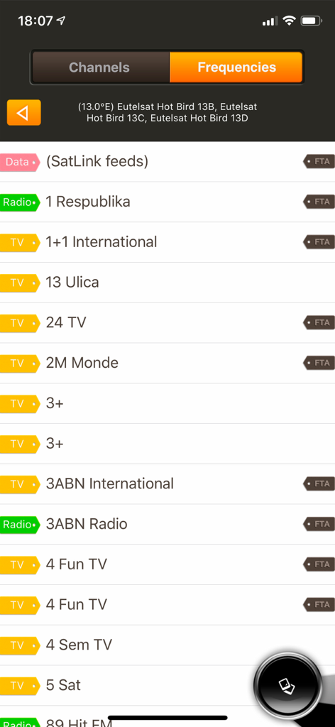 SatFinder Pro Satellite Finder - Uma lista detalhada de canais de TV e rádio gratuitos para o satélite Eutelsat Hot Bird dentro do aplicativo SatFinder Pro.