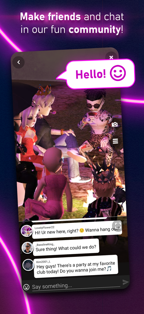 Club Cooee - 3D Avatar Chat - Un grupo de avatares 3D personalizables socializando y chateando en un entorno virtual al aire libre.